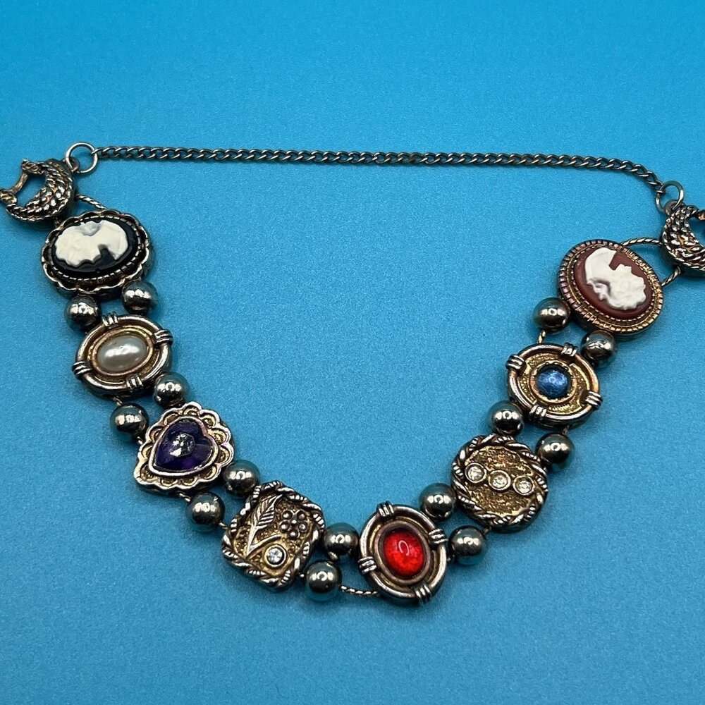 Vintage Cameo Slide Charm Bracelet with Gemstone Accents Ornate Victorian Design